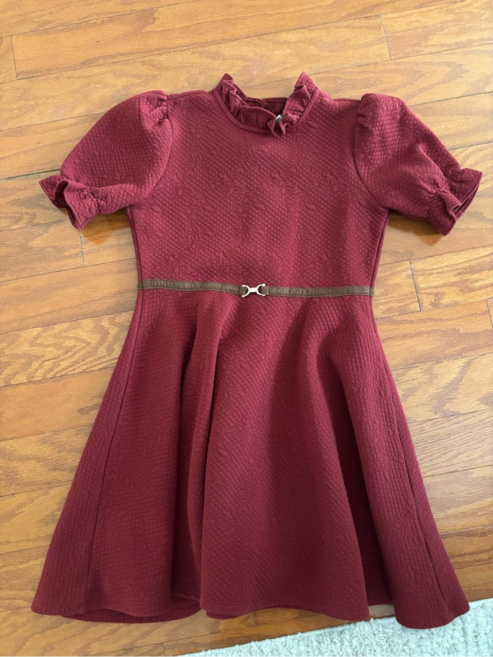 Janie and Jack Burgundy Textured Fit-and-Flare Dress with Ruffle Neck
